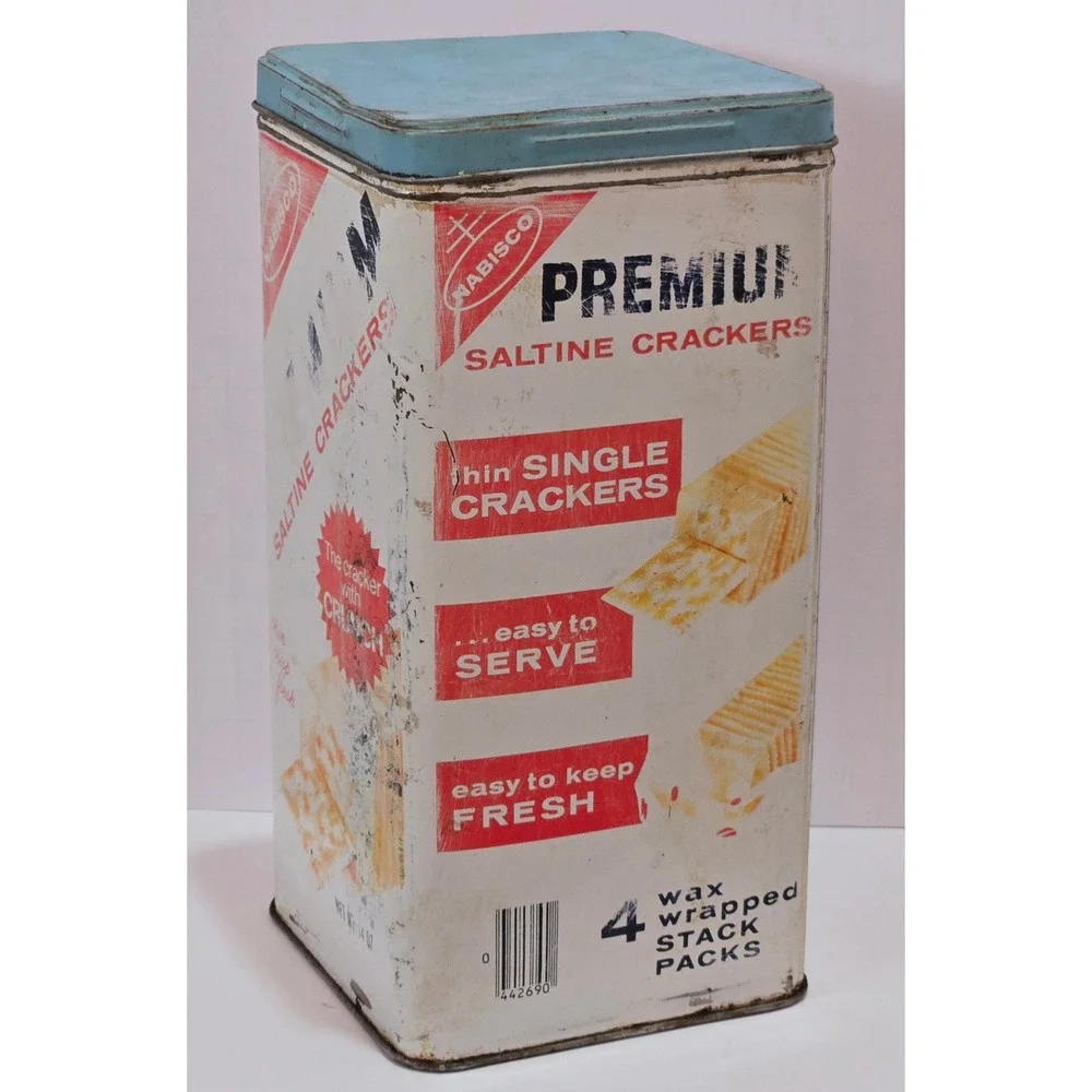 Vintage Nabisco Premium Saltine Crackers Tin Blue Lid 14oz‎ Metal Advertising